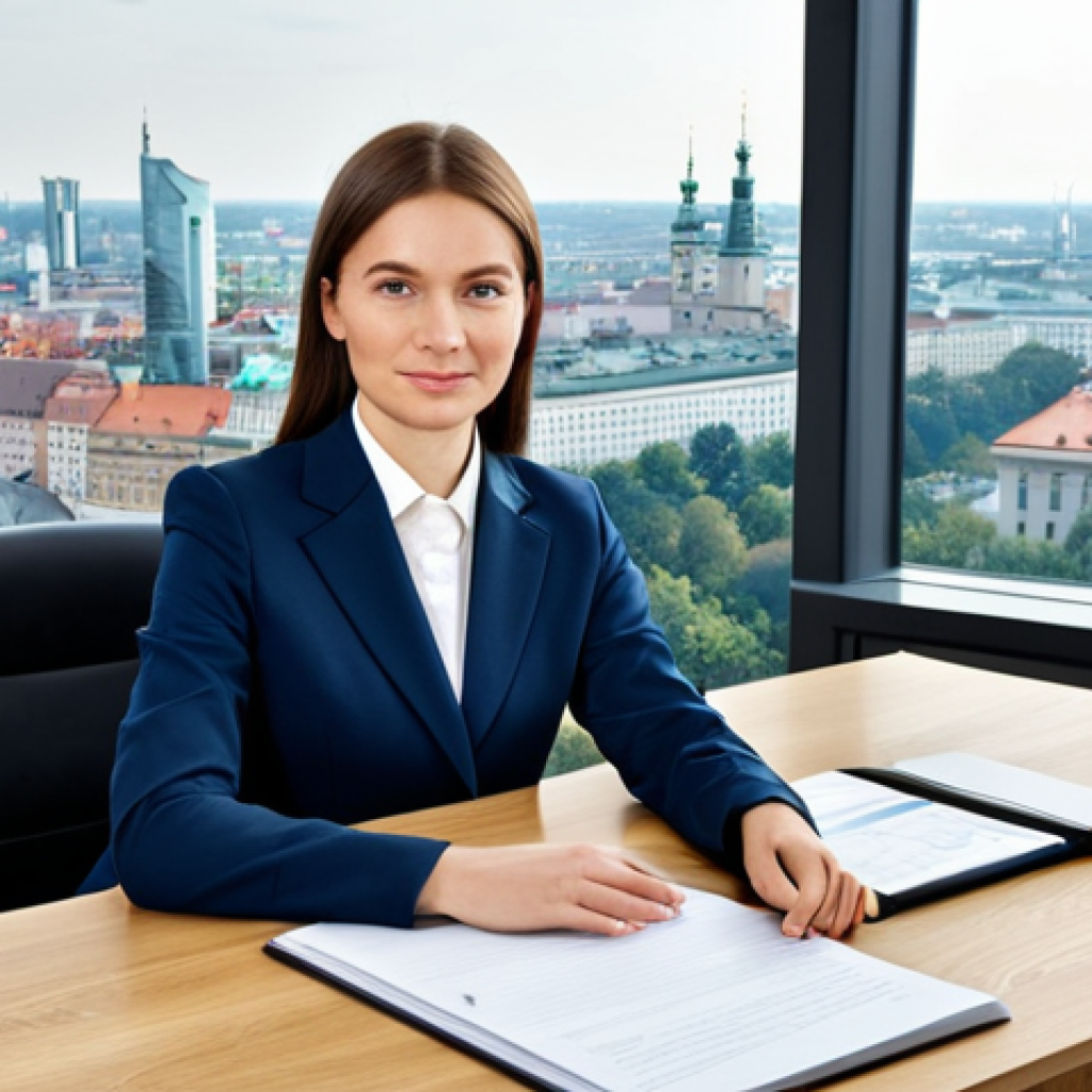 Business Professional**

"A professional businesswoman in a modest, dark blue business suit, sitting at a large oak desk in a bright, modern Warsaw office overlooking the city, fully clothed, appropriate attire, safe for work, perfect anatomy, natural proportions, professional photography, high quality."

**