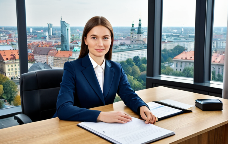 Business Professional**

"A professional businesswoman in a modest, dark blue business suit, sitting at a large oak desk in a bright, modern Warsaw office overlooking the city, fully clothed, appropriate attire, safe for work, perfect anatomy, natural proportions, professional photography, high quality."

**