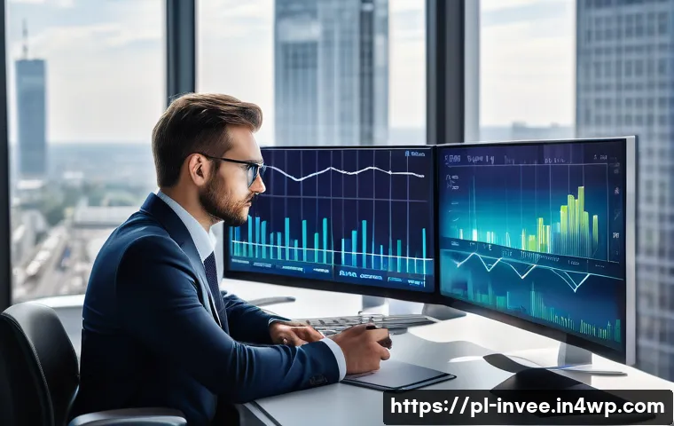 팩터 투자에서의 최적화 방법론 - A professional financial analyst sitting at a sleek modern desk in a high-rise Warsaw office, analyz...