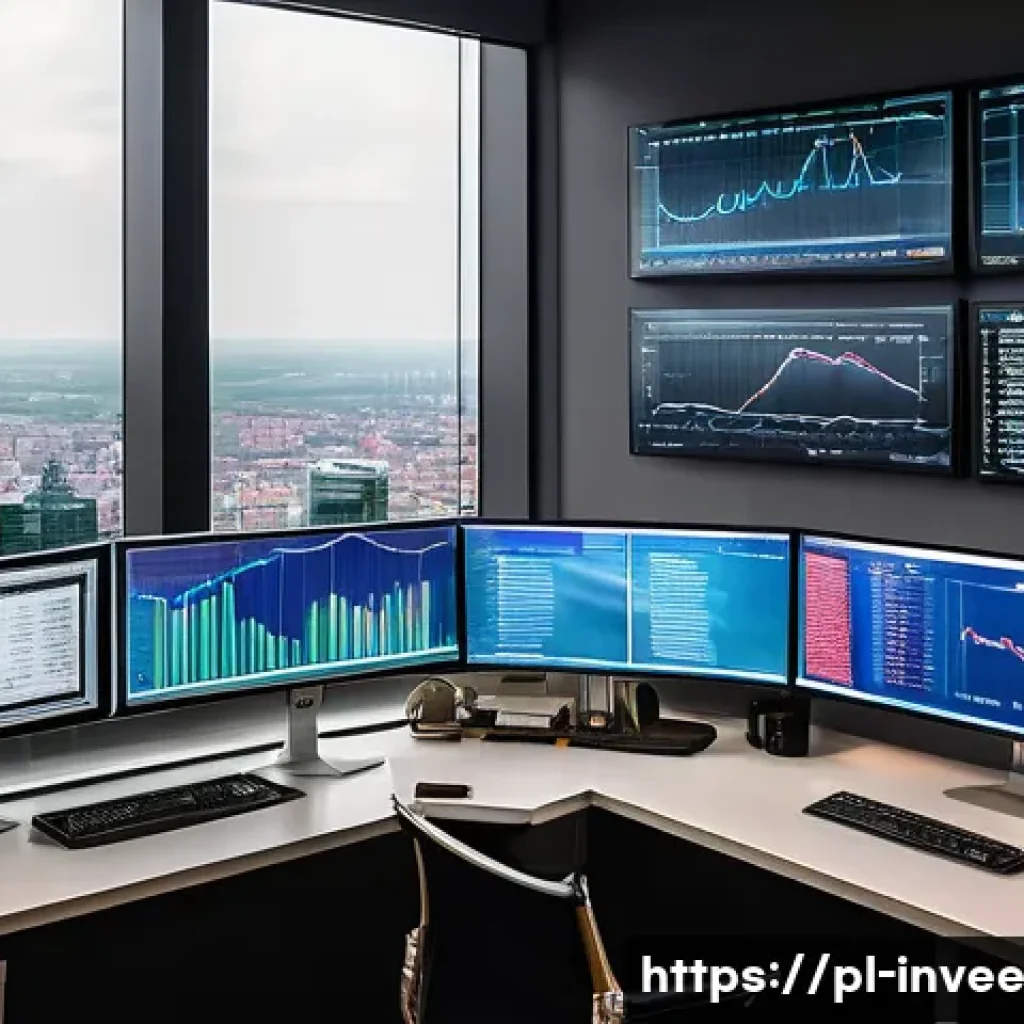 팩터 투자와 경제 사이클의 관계 - A sophisticated financial analyst’s modern office in Warsaw, Poland, showcasing multiple large monit...