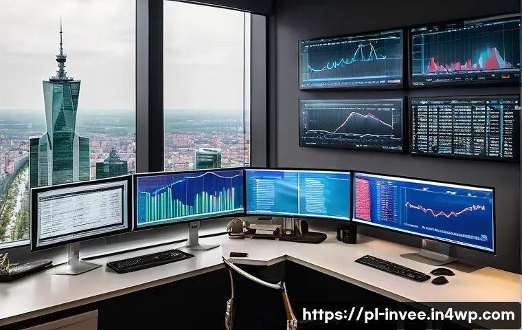 팩터 투자와 경제 사이클의 관계 - A sophisticated financial analyst’s modern office in Warsaw, Poland, showcasing multiple large monit...